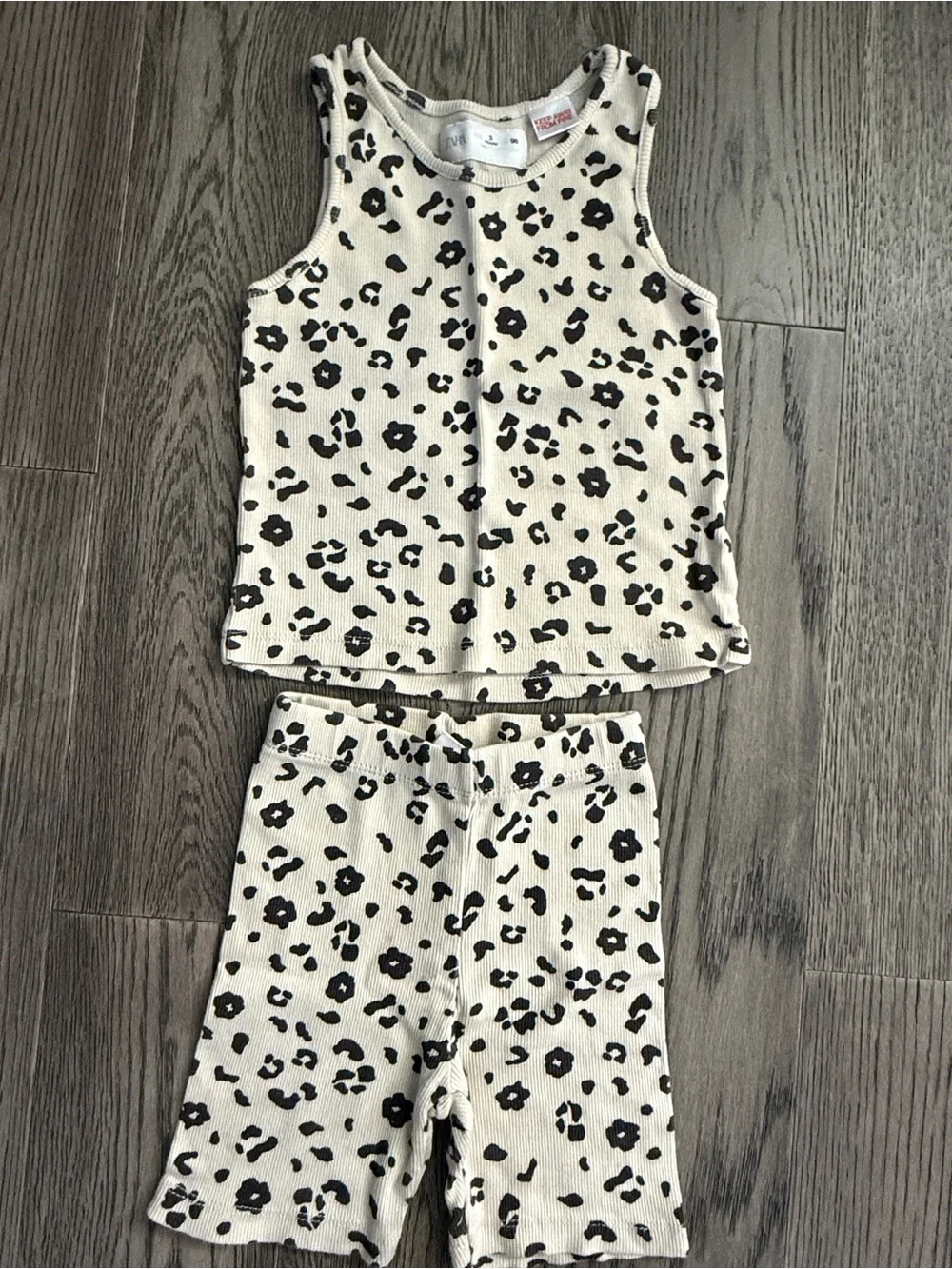 ZARA Kids Two-Piece Animal Print Tank & Biker Short Set - Cream & Black